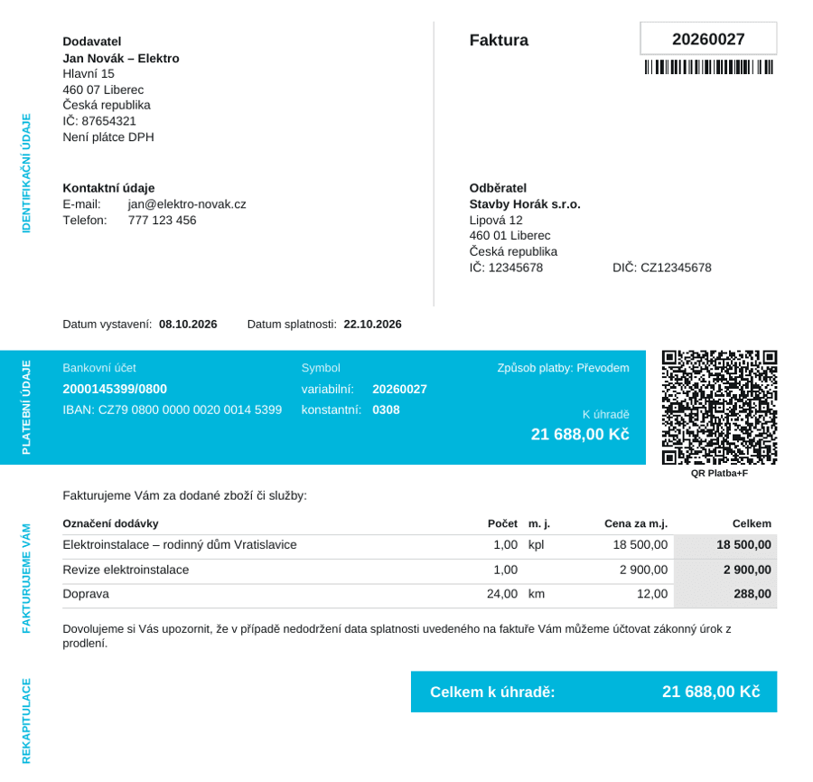 Ukázka faktury s QR platbou